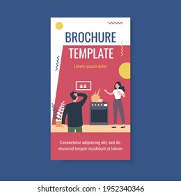 Gas leaking at home. People panicking about fire on cooktop flat vector illustration. Fire safety, fire hazard, emergency concept for banner, website design or landing web page