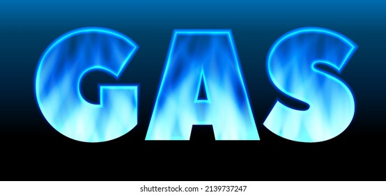 GAS letters with gas flame. Banner on dark blue background. Neon illustration. Gas embargo, crisis and sanctions. Vector illustration.
