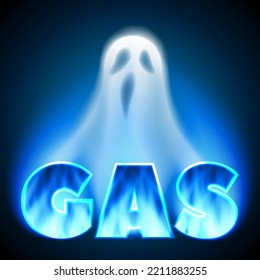 Cartas de gas con llama de gas y fantasma blanco. Cartel de fondo azul oscuro. Ilustración neón. Desaparición de combustible, crisis y sanciones. Ilustración del vector