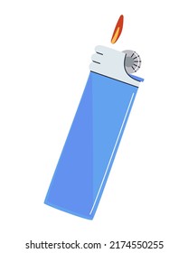 Gas lighter in a blue plastic case. The fire is burning. Flat vector illustration. Eps10