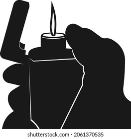 Gas lighter in hand. The lighter is on. Vector image isolated on a white background.