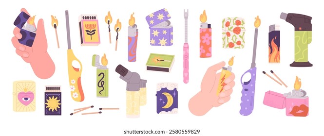 Gas lighter set. Various lighters with stylish prints, handy devices for fire, cigarette, stove burner lighting. Plastic metal smoking equipment racy vector clipart