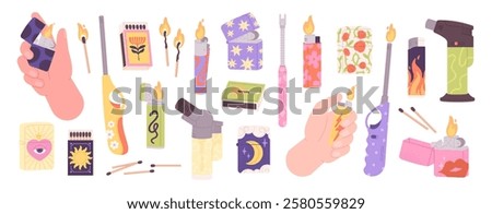 Gas lighter set. Various lighters with stylish prints, handy devices for fire, cigarette, stove burner lighting. Plastic metal smoking equipment racy vector clipart