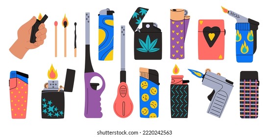 Gas lighters decorative elements. Lighting tools, lighter metallic in hand. Simple plastic spark tool for smoke and flame