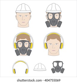 gas mask, construction helmet and earmuffs