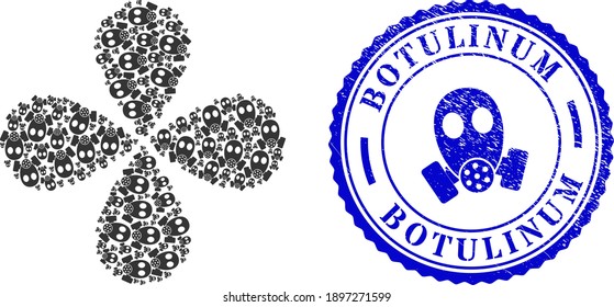 Gas mask curl fireworks, and blue round BOTULINUM grunge stamp seal with icon inside. Object flower with 4 petals composed from oriented gas mask symbols. Vector flower collage in flat style.