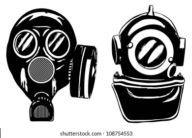 Gas mask and deep diver's helmet, vector illustration
