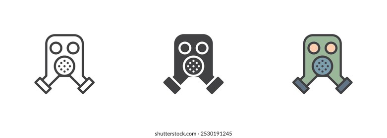 Gas mask different style icon set. Line, glyph and filled outline colorful version, outline and filled vector sign. Respirator symbol, logo illustration. Vector graphics