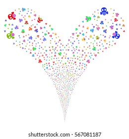 Gas Mask fireworks stream. Vector illustration style is flat bright multicolored iconic symbols on a white background. Object double fountain created from random design elements.