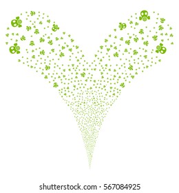 Gas Mask fireworks stream. Vector illustration style is flat eco green iconic symbols on a white background. Object double fountain organized from random icons.
