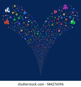 Gas Mask fireworks stream. Vector illustration style is flat bright multicolored iconic symbols on a blue background. Object double fountain combined from random pictograms.