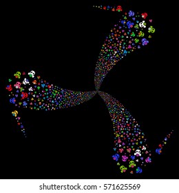 Gas Mask fireworks swirl rotation. Vector illustration style is flat bright multicolored iconic symbols on a black background. Object whirlpool done from random icons.