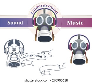 Gas mask, headphone text underground sound music, vintage label