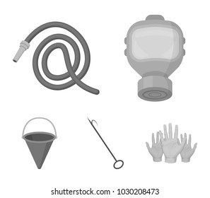 Gas mask, hose, bucket, bagore. Fire department set collection icons in monochrome style vector symbol stock illustration web.