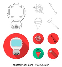 Gas mask, hose, bucket, bagore. Fire department set collection icons in outline,flat style vector symbol stock illustration web.