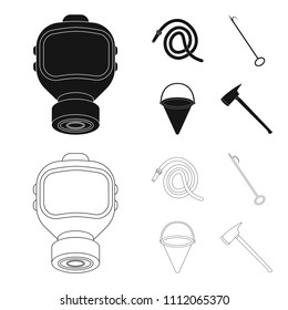 Gas mask, hose, bucket, bagore. Fire department set collection icons in black,outline style vector symbol stock illustration web.