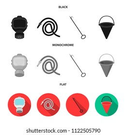 Gas mask, hose, bucket, bagore. Fire department set collection icons in black, flat, monochrome style vector symbol stock illustration web.