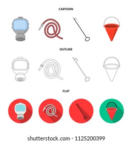 Gas mask, hose, bucket, bagore. Fire department set collection icons in cartoon, outline, flat style vector symbol stock illustration web.