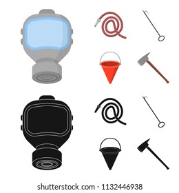 Gas mask, hose, bucket, bagore. Fire department set collection icons in cartoon,black style vector symbol stock illustration web.