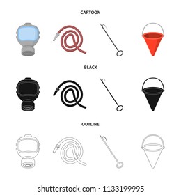 Gas mask, hose, bucket, bagore. Fire department set collection icons in cartoon,black,outline style vector symbol stock illustration web.