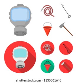 Gas mask, hose, bucket, bagore. Fire department set collection icons in cartoon,flat style vector symbol stock illustration web.