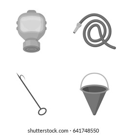 Gas mask, hose, bucket, bagore. Fire department set collection icons in monochrome style vector symbol stock illustration web.