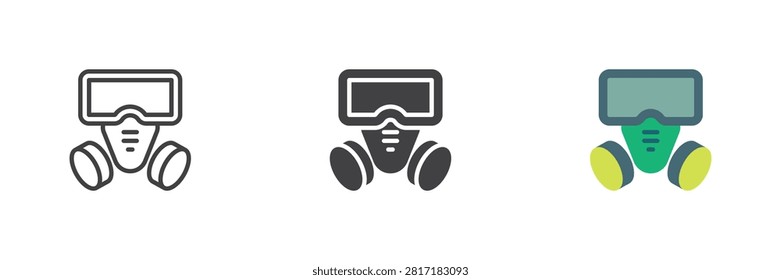 Gas mask icon in line, solid and flat colorful versions, respirator with filters color vector sign and symbol. Gas mask icon set for toxic air safety.