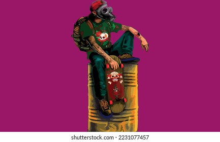 Gas mask man holding a flag with biohazard symbol stands in toxic smoke, digital art style, illustration painting