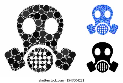 Gas mask mosaic of circle elements in various sizes and shades, based on gas mask icon. Vector circle elements are grouped into blue mosaic. Dotted gas mask icon in usual and blue versions.