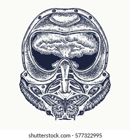 Gas mask and nuclear explosion tattoo art. Concept of war and peace, end of the world, life and death. Apocalypse symbol. Butterfly sits on a gas mask t-shirt design 