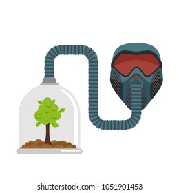 Gas mask and plant in Glass Bell. Glass jar and sprout. Breath of clean air. For poster about the environment.
