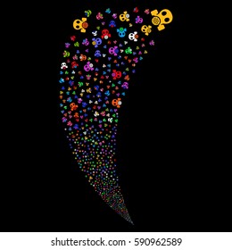 Gas Mask random fireworks stream. Vector illustration style is flat bright multicolored iconic symbols on a black background. Object fountain combined from scattered icons.
