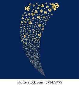 Gas Mask random fireworks stream. Vector illustration style is flat yellow iconic symbols on a blue background. Object fountain made from scattered pictograms.