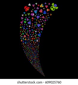 Gas Mask random fireworks stream. Vector illustration style is flat bright multicolored iconic symbols on a black background. Object fountain created from scattered design elements.