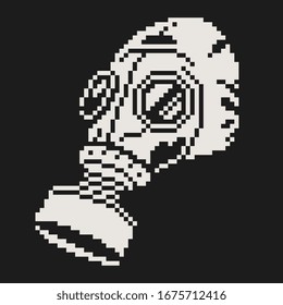 Gas mask, respirator pixel art icon.  Virus and pollution protection. Isolated vector illustration. Retro video game sprite 1-bit. Design for stickers, logo, embroidery and knitting, web, mobile app.