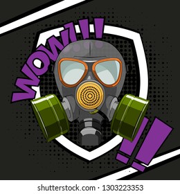 Gas mask respirator skull breather on comics style background. Protective radiation suit in comics badge. Breathing gas mask apparatus with two filters. Color illustration