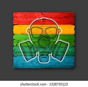 Gas mask respirator skull breather on comics style wooden background. Protective radiation suit in comics badge wood board background. Breathing gas mask apparatus with two filters. Color illustration