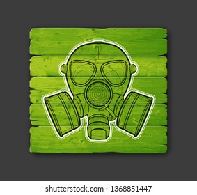 Gas mask respirator skull breather on comics style wooden background. Protective radiation suit in comics badge wood board background. Breathing gas mask apparatus with two filters. Color illustration