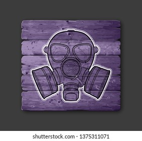 Gas mask respirator skull breather on comics style wooden background. Protective radiation suit in comics badge wood board background. Breathing gas mask apparatus with two filters. Color illustration