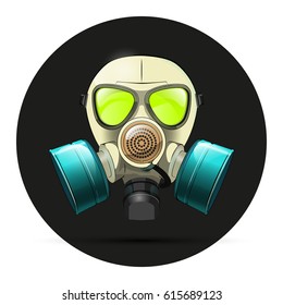 Gas mask respirator skull breather on round background. Protective radiation suit in circle badge. Breathing apparatus with two filters. Color Vector illustration