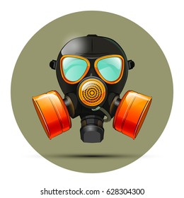 Gas mask respirator skull breather on round background. Protective radiation suit in circle badge. Breathing apparatus with two filters. Color Vector illustration