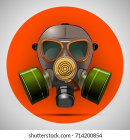 Gas mask respirator skull breather on round background. Protective radiation suit in circle badge. Breathing apparatus with two filters. Color Vector illustration