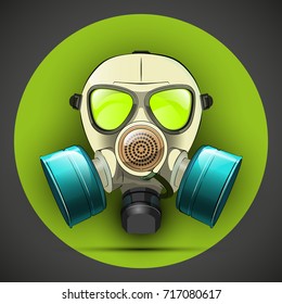 Gas mask respirator skull breather on round background. Protective radiation suit in circle badge. Breathing apparatus with two filters. Color Vector illustration