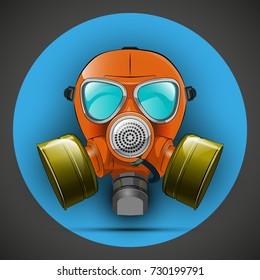 Gas mask respirator skull breather on round background. Protective radiation suit in circle badge. Breathing apparatus with two filters. Color Vector illustration