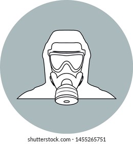 Gas mask sign,icon.Black and white image in a gray circle ,isolated on white.The man in the gas mask,danger,radiation,Chernobyl .Vector image.