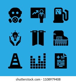 gas mask, sound bars, responsible energy use, curtains, medical result, cone, presentation, piano and gas station vector icon. Simple icons set