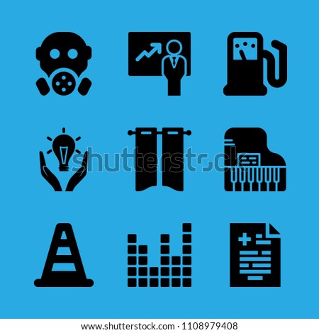 gas mask, sound bars, responsible energy use, curtains, medical result, cone, presentation, piano and gas station vector icon. Simple icons set