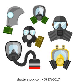 Gas mask vector set. Gas mask for firefighters and military. Respirator mask. Gasmask with filter. Different kinds of gas mask illustration.