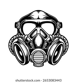 Vetor de máscara de gás, Ilustração de respirador tático, Clipart de máscara facial militar, Desenho de máscara de gás vintage, Máscara de perigo preta e branca
