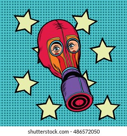 Gas mask, vintage red rubber pop art retro vector. Chemical and biological protection. Military equipment, nuclear contamination. War